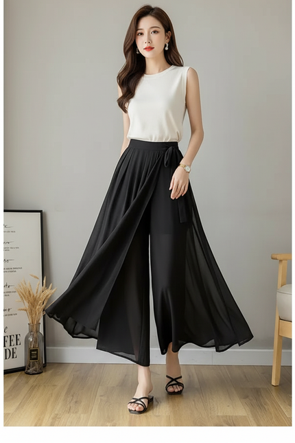 Pantalon Noir Fluide Plissé Taille Haute Élégant - Polyester