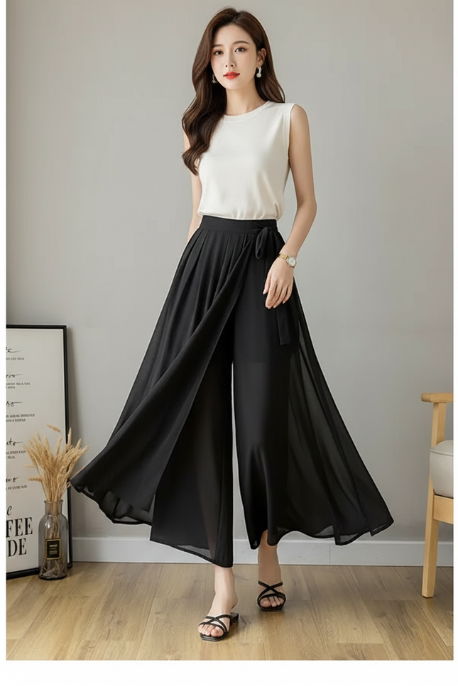 Pantalon Noir Fluide Plissé Taille Haute Élégant - Polyester