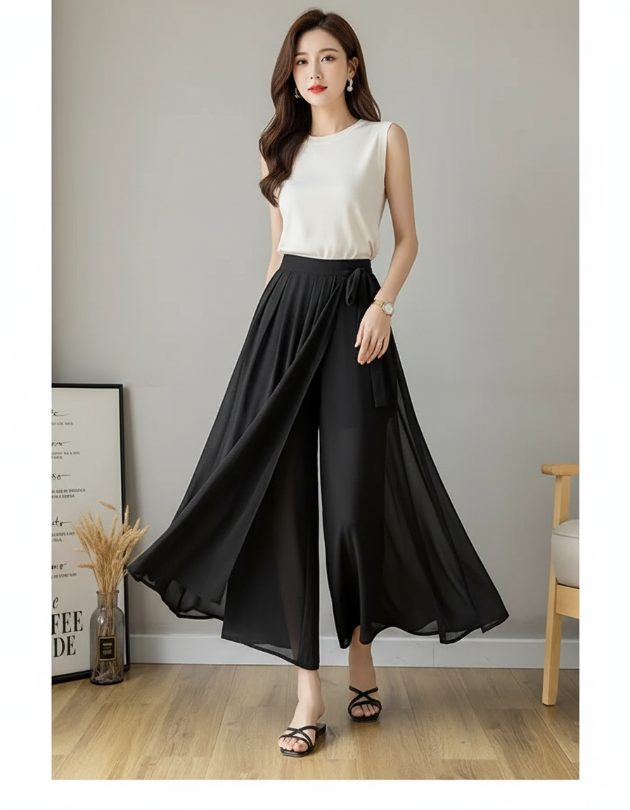Pantalon Noir Fluide Plissé Taille Haute Élégant - Polyester
