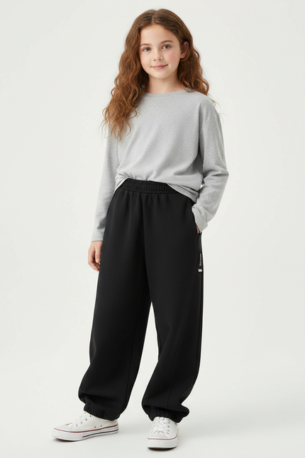 Pantalon Noir Ample Sport Décontracté Molletonné Enfant