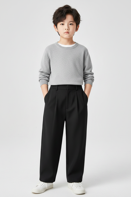 Pantalon Noir Ample Plissé Garçon Élégant - Polyester