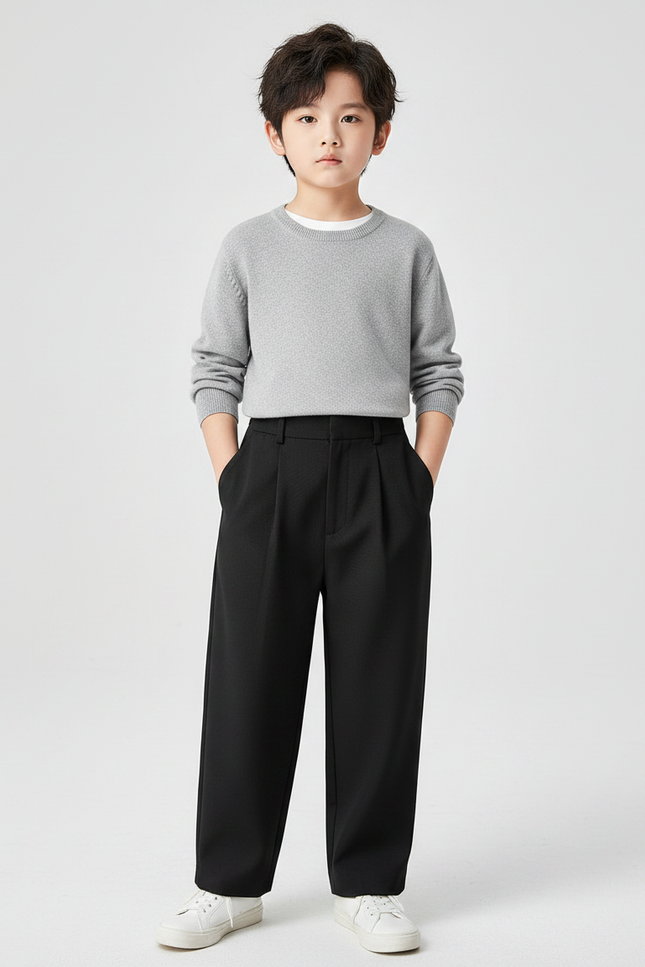 Pantalon Noir Ample Plissé Garçon Élégant - Polyester