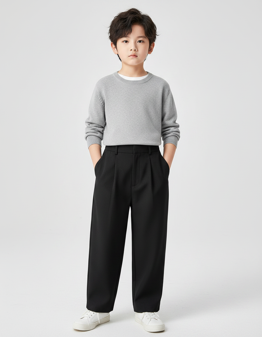 Pantalon Noir Ample Plissé Garçon Élégant - Polyester