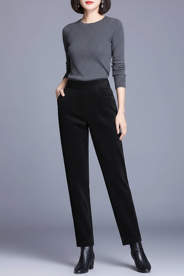 Pantalon Noir Côtelé Taille Haute Décontracté Femme - Cordé