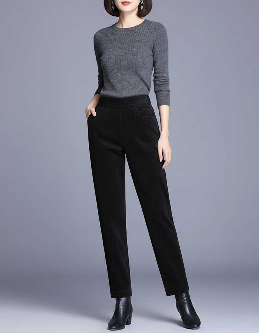 Pantalon Noir Côtelé Taille Haute Décontracté Femme - Cordé