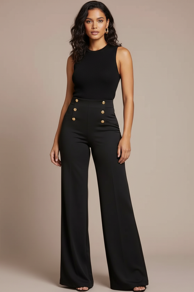 Pantalon Noir Évasé Taille Haute Boutons Dorés - Polyester