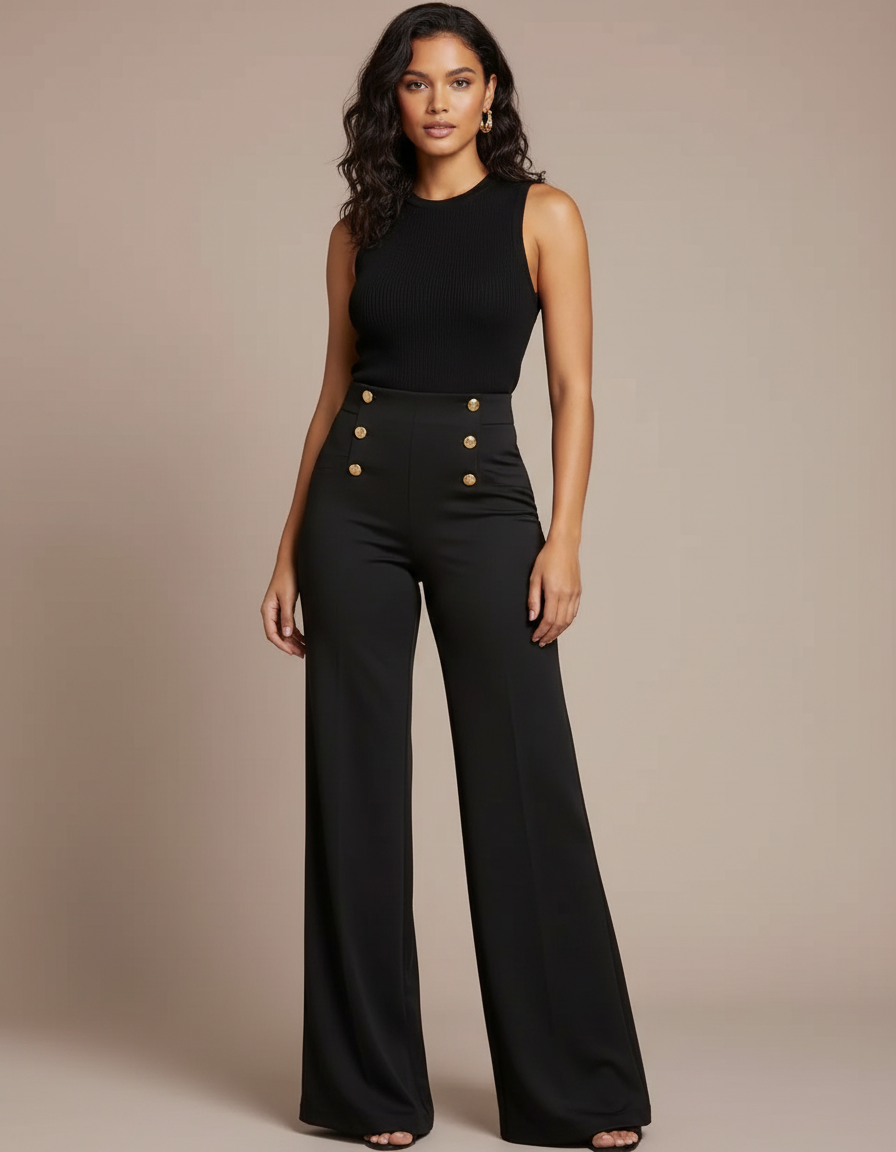 Pantalon Noir Évasé Taille Haute Boutons Dorés - Polyester