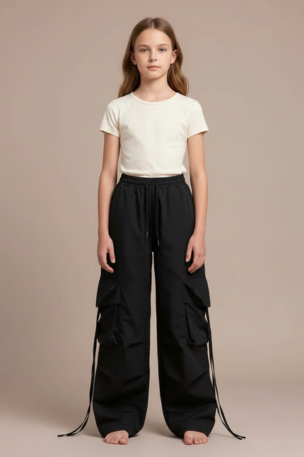 Pantalon Noir Cargo Ample Décontracté Oversize - Polyester