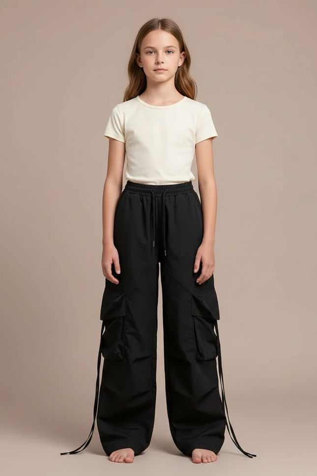 Pantalon Noir Cargo Ample Décontracté Oversize - Polyester