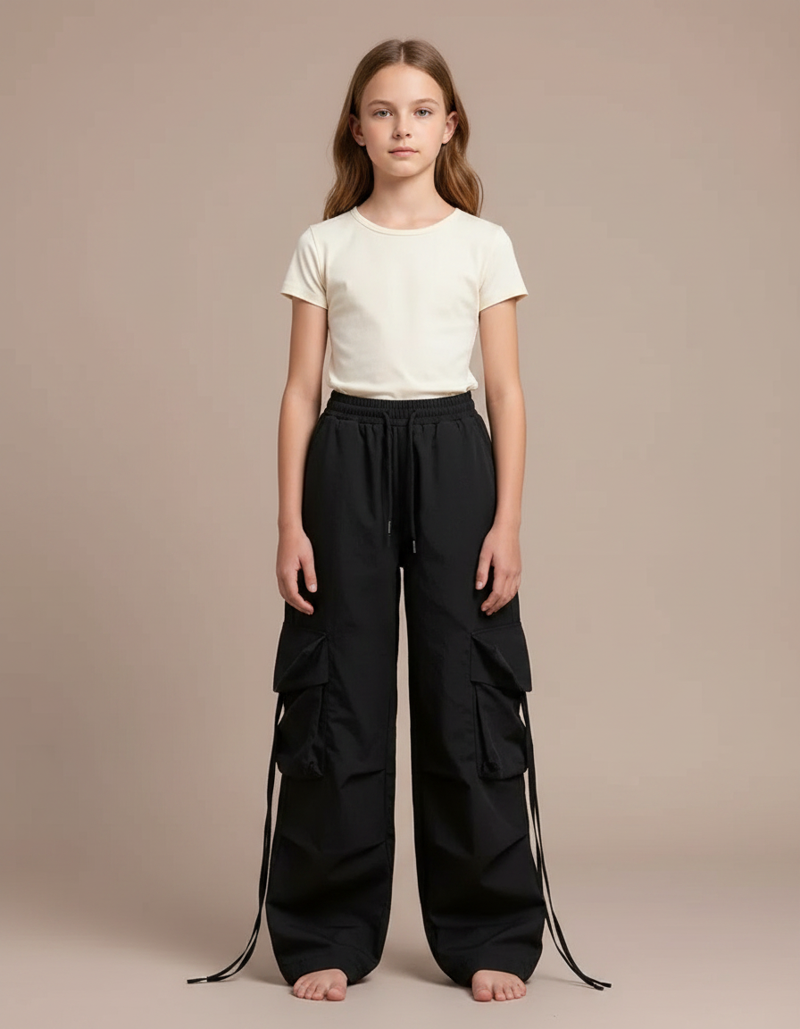 Pantalon Noir Cargo Ample Décontracté Oversize - Polyester