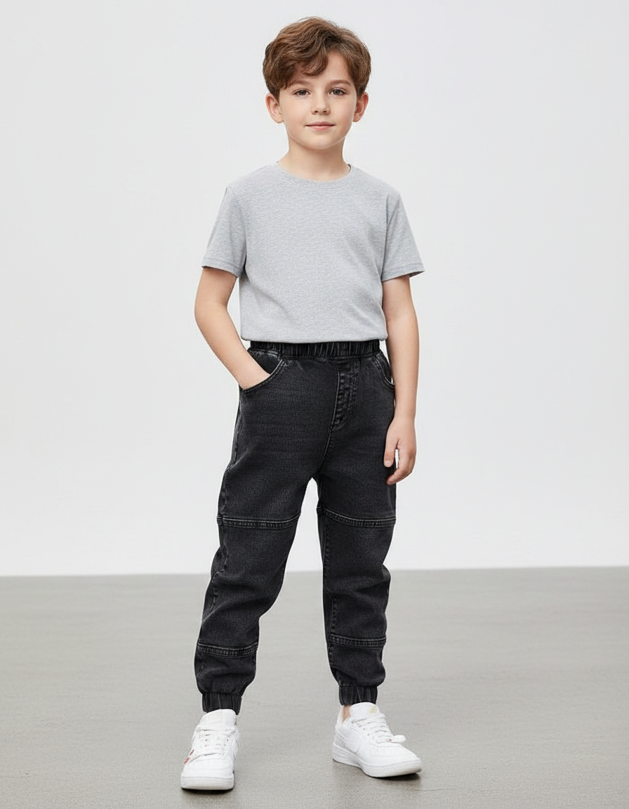 Pantalon Noir Enfant Garçon Denim Jogger Coton - Jean