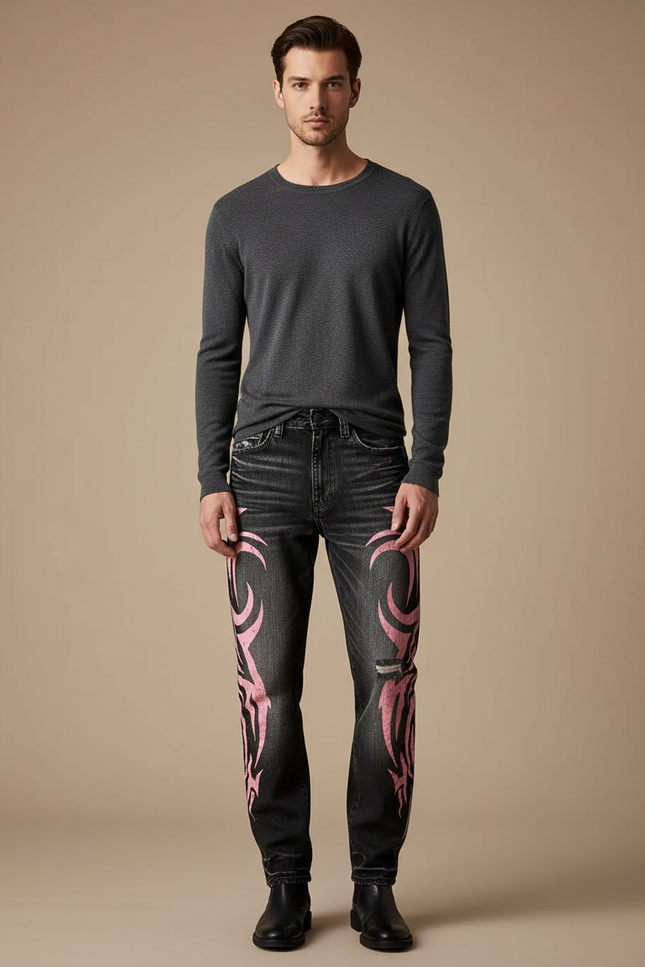 Pantalon Noir Brodé Ample Vintage Hip Hop Homme - Jean