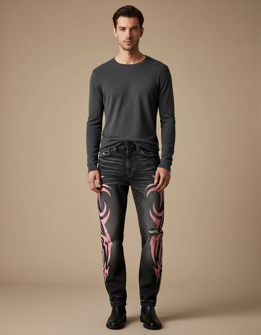 Pantalon Noir Brodé Ample Vintage Hip Hop Homme - Jean
