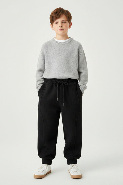 Pantalon Noir Enfant Molletonné Ample Cordon Décontracté