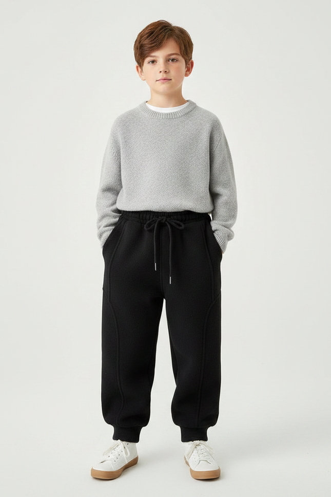 Pantalon Noir Enfant Molletonné Ample Cordon Décontracté