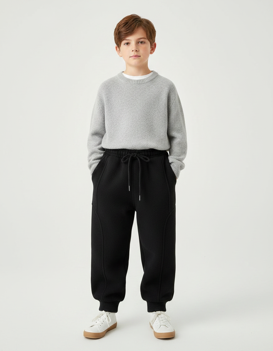 Pantalon Noir Enfant Molletonné Ample Cordon Décontracté