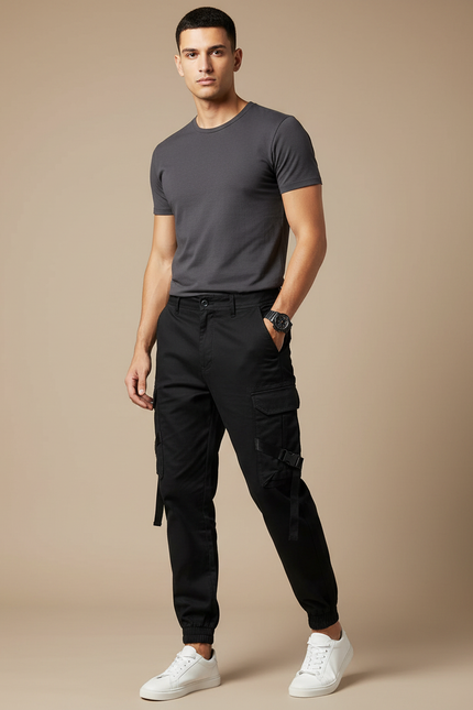 Pantalon Noir Cargo Poches Multiples Décontracté Homme - Toile