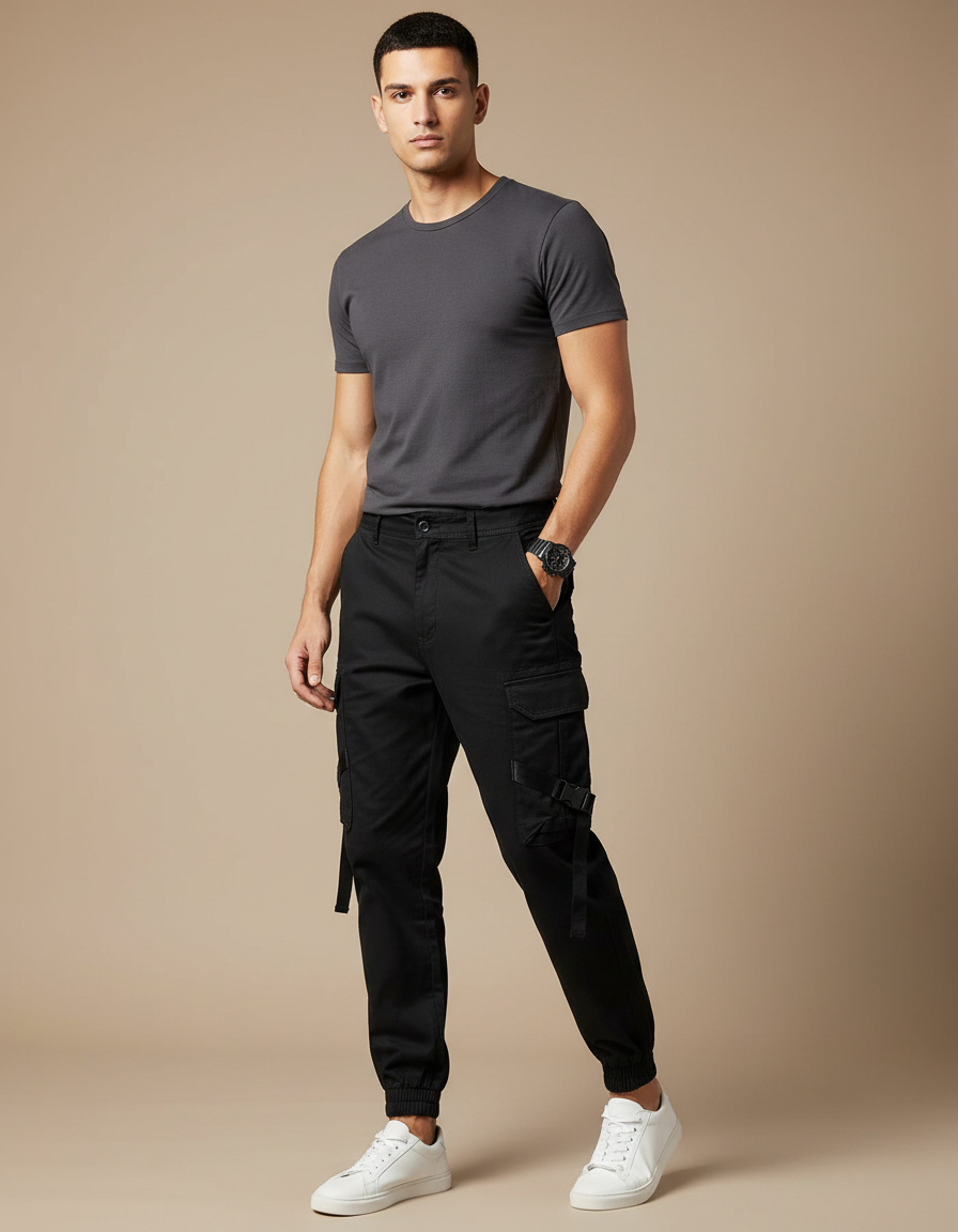 Pantalon Noir Cargo Poches Multiples Décontracté Homme - Toile