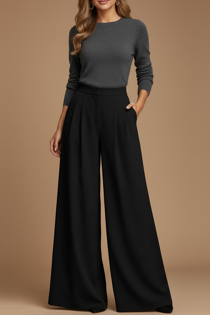 Pantalon Noir Plissé Ample Fluide Élégant Femme - Polyester