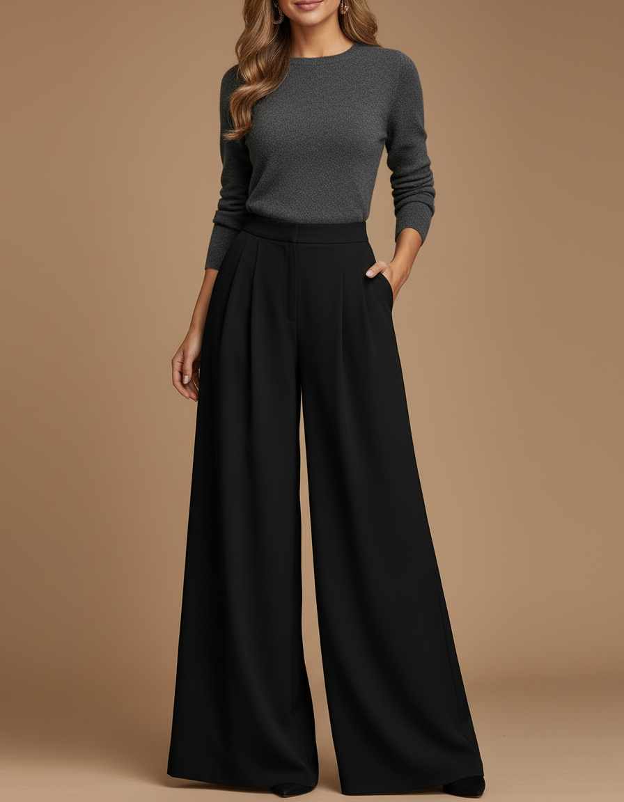 Pantalon Noir Plissé Ample Fluide Élégant Femme - Polyester