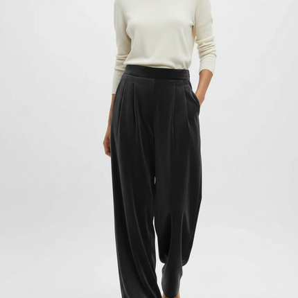 Pantalon Noir Velours Plissé Large Élégant Femme