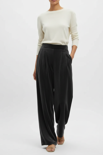 Pantalon Noir Velours Plissé Large Élégant Femme