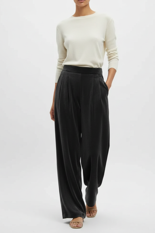 Pantalon Noir Velours Plissé Large Élégant Femme