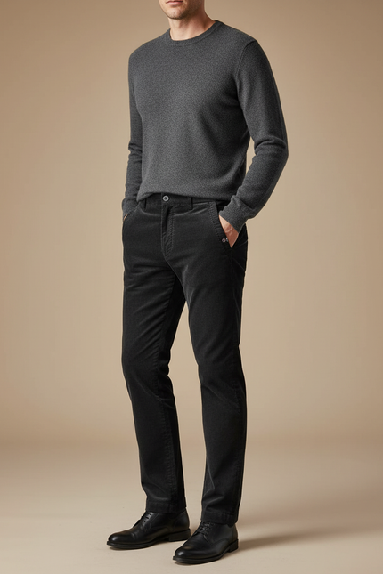 Pantalon Noir Côtelé Droit Décontracté Homme Élégant - Cordé