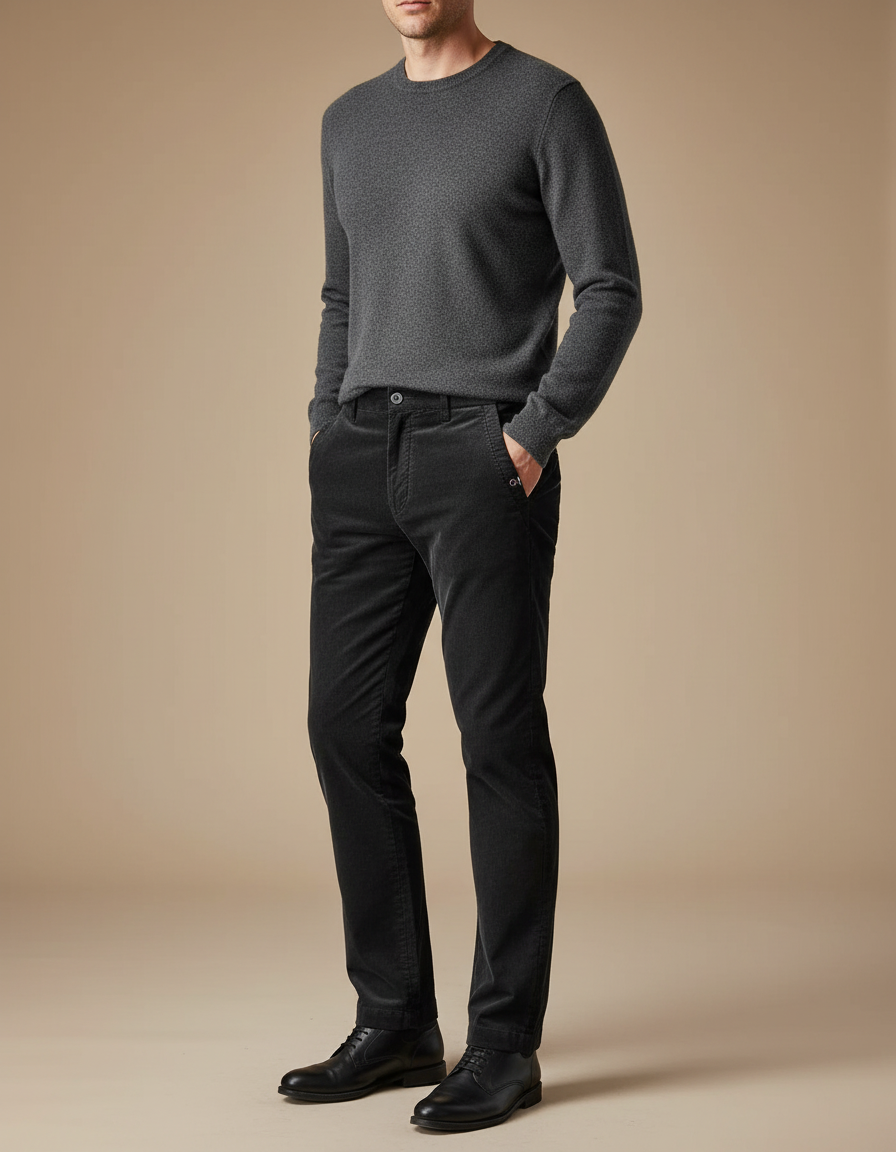 Pantalon Noir Côtelé Droit Décontracté Homme Élégant - Cordé
