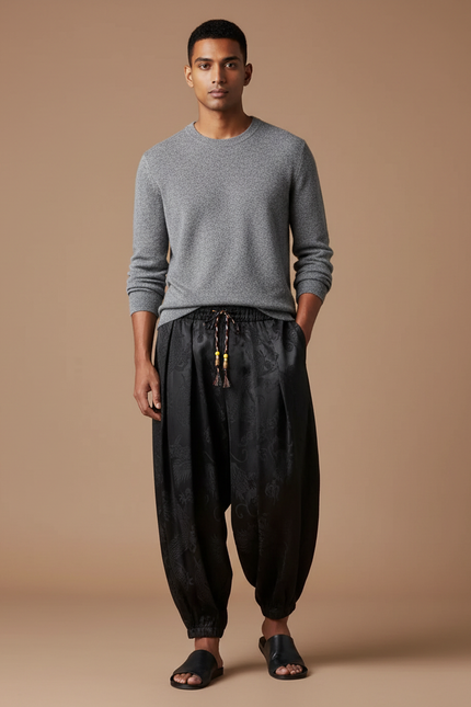 Pantalon Noir Satin Ample Motif Dragon Homme