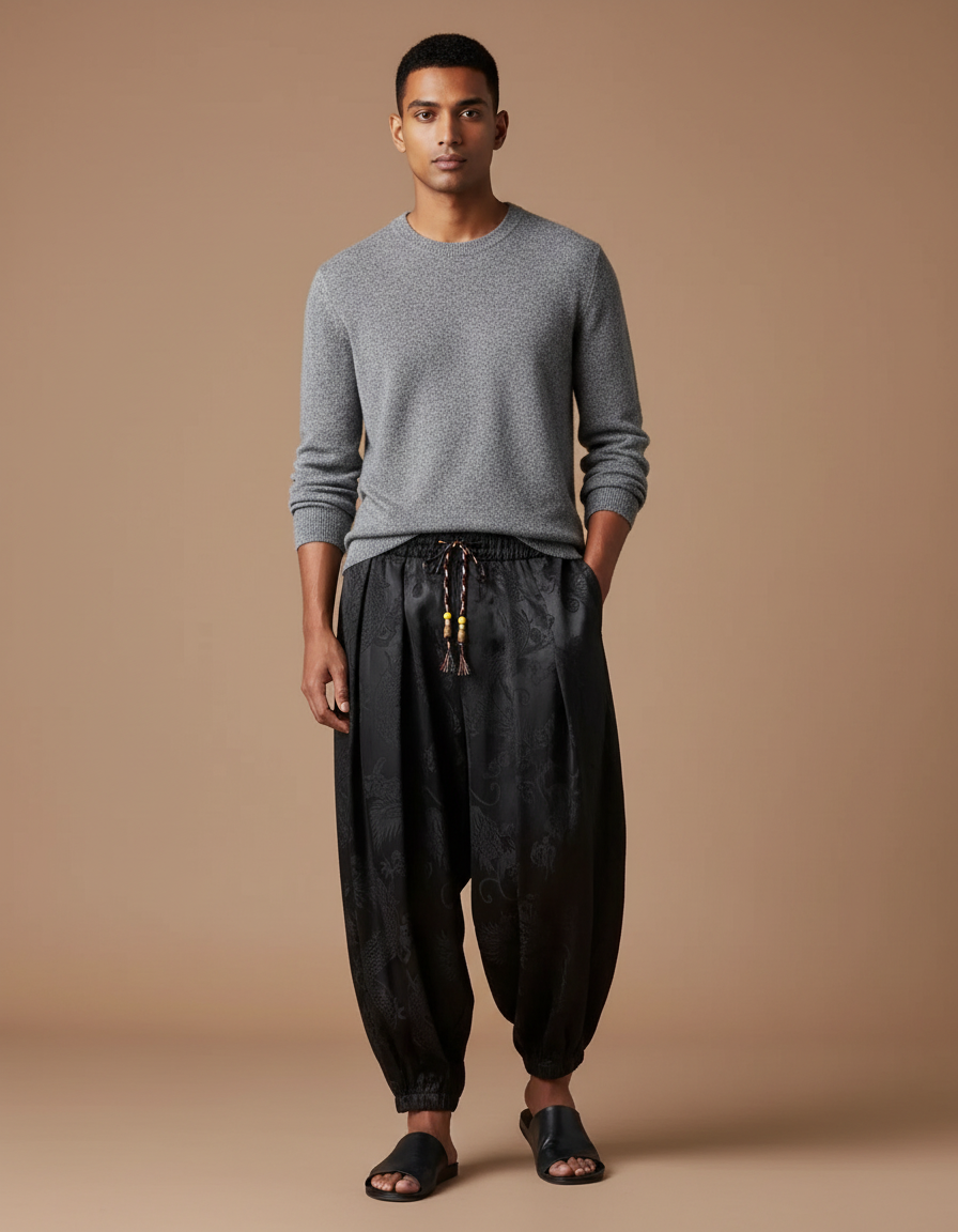 Pantalon Noir Satin Ample Motif Dragon Homme