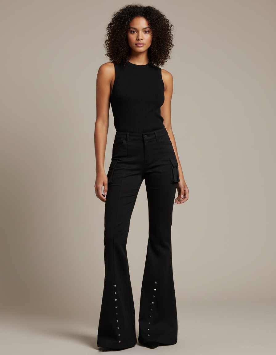 Pantalon Noir Évasé Clouté Cargo Taille Haute - Toile
