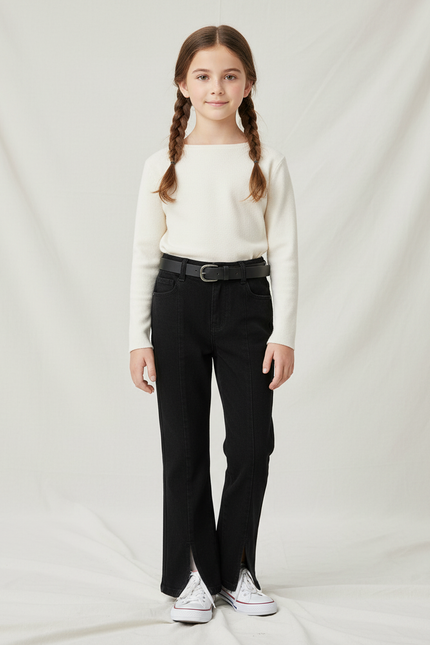 Pantalon Noir Fille Fendu Denim Décontracté - Jean