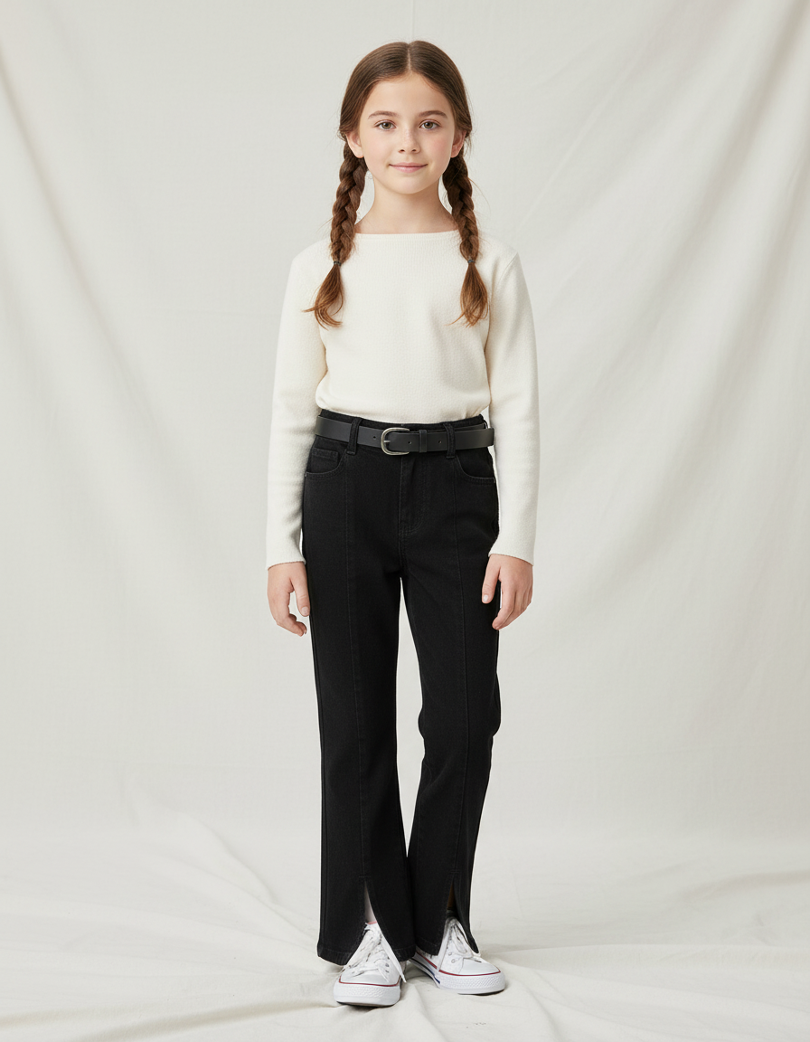 Pantalon Noir Fille Fendu Denim Décontracté - Jean