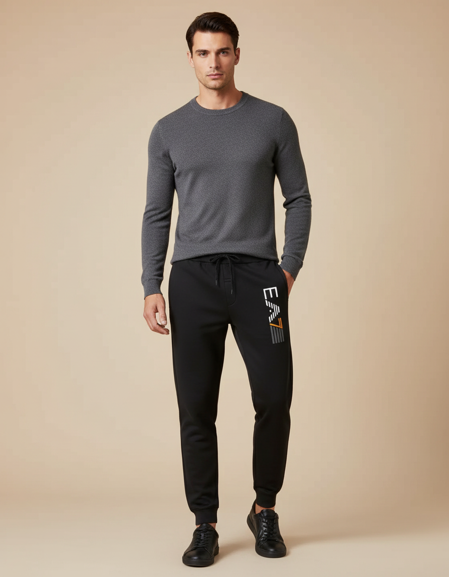 Pantalon Noir Sport EA7 Logo Cordon Confortable - Molleton