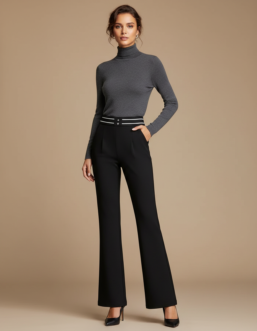 Pantalon Noir Évasé Taille Haute Élégant Femme - Polyester