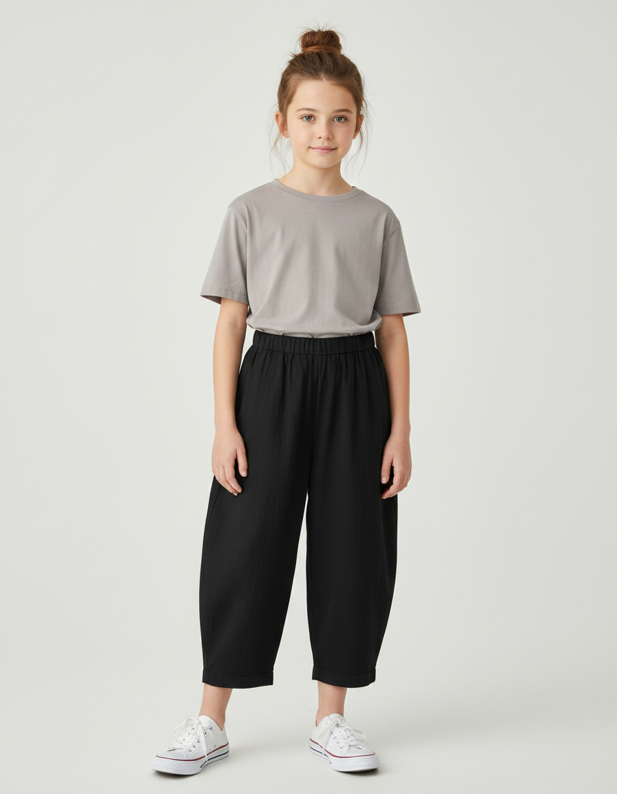 Pantalon Noir Ample Coton Enfant Décontracté Fille - Lin