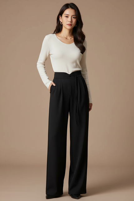 Pantalon Noir Taille Haute Fluide Ample Élégant - Polyester