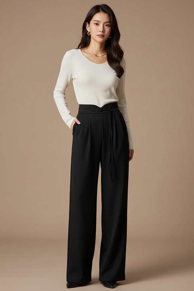 Pantalon Noir Taille Haute Fluide Ample Élégant - Polyester