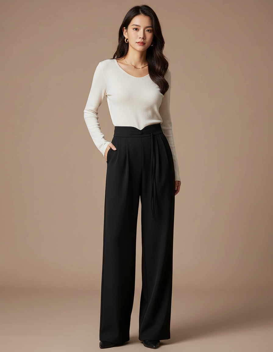 Pantalon Noir Taille Haute Fluide Ample Élégant - Polyester