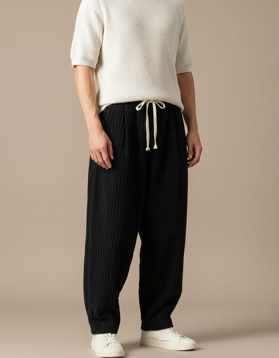 Pantalon Noir Côtelé Ample Décontracté Cordon Homme - Cordé