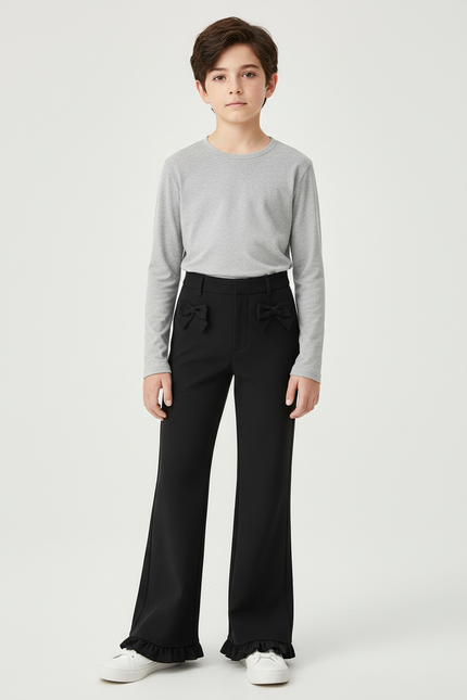 Pantalon Noir Évasé Volants Nœuds Fille Élégant - Polyester