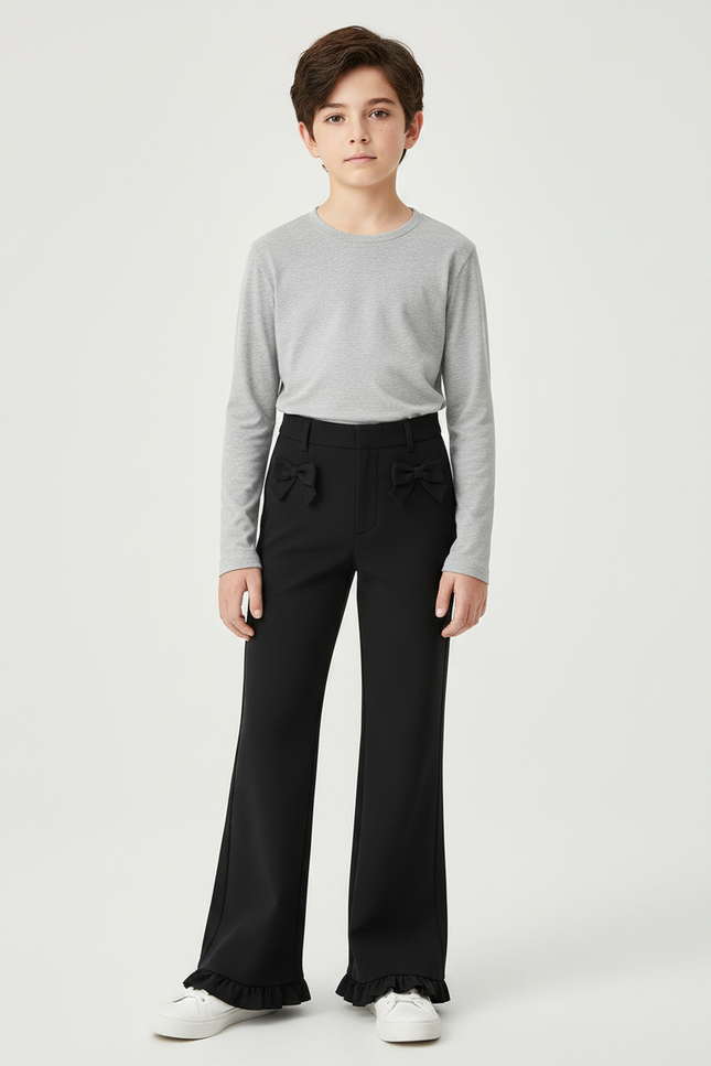 Pantalon Noir Évasé Volants Nœuds Fille Élégant - Polyester