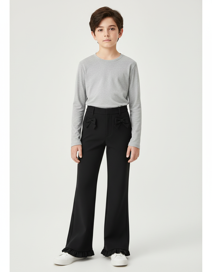 Pantalon Noir Évasé Volants Nœuds Fille Élégant - Polyester