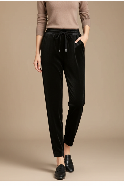Pantalon Noir Velours Côtelé Carotte Taille Haute Décontracté - Cordé