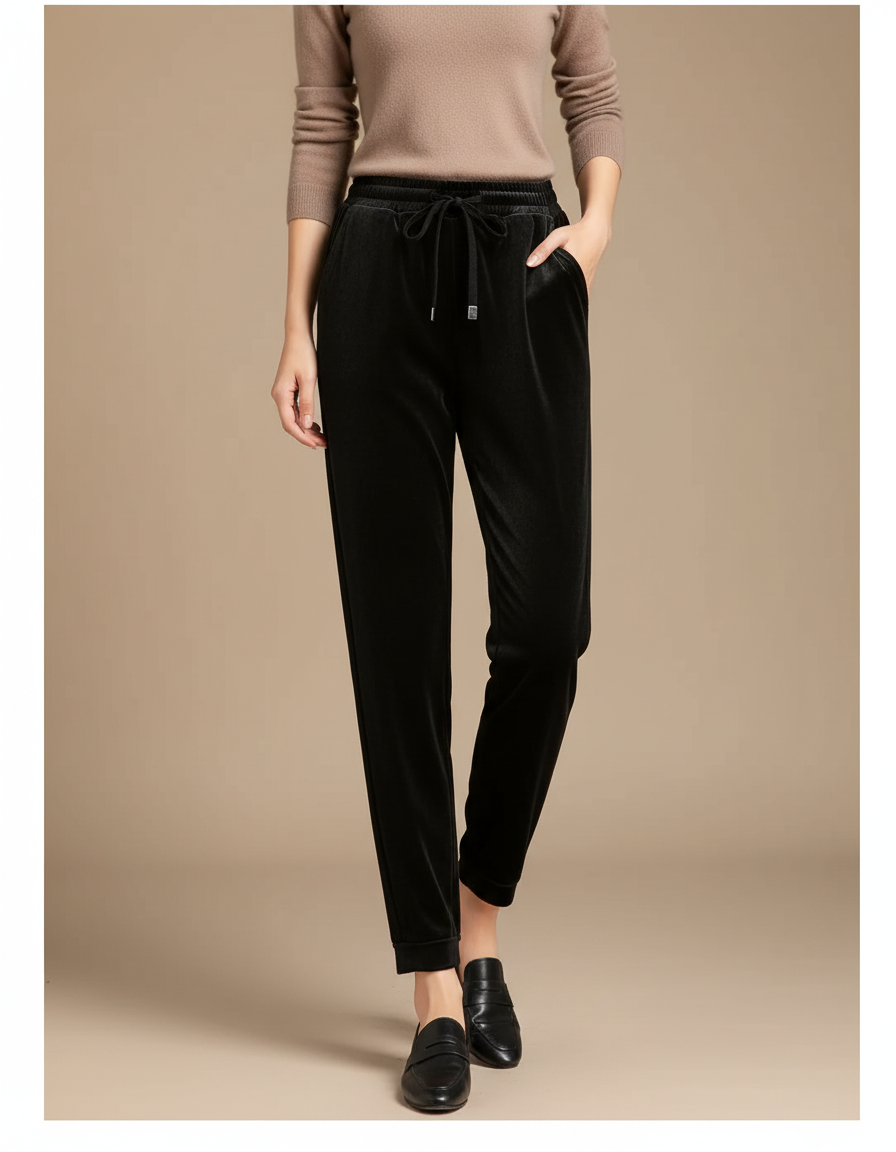 Pantalon Noir Velours Côtelé Carotte Taille Haute Décontracté - Cordé