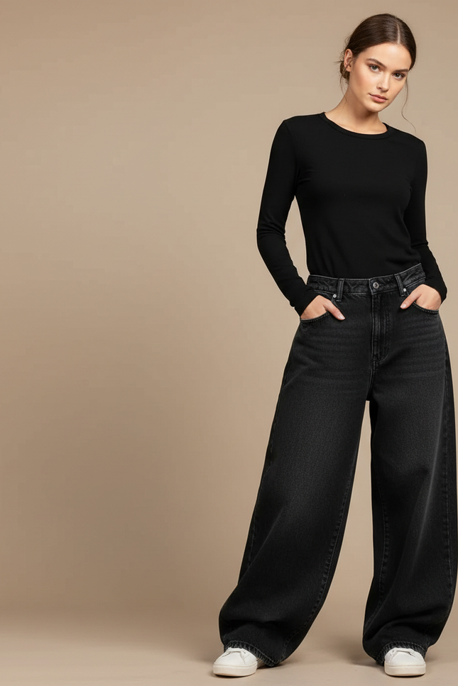 Pantalon Noir Ample Denim Vintage Décontracté - Jean