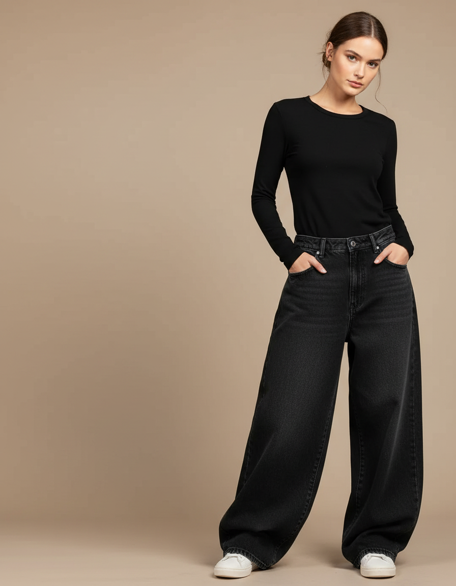 Pantalon Noir Ample Denim Vintage Décontracté - Jean