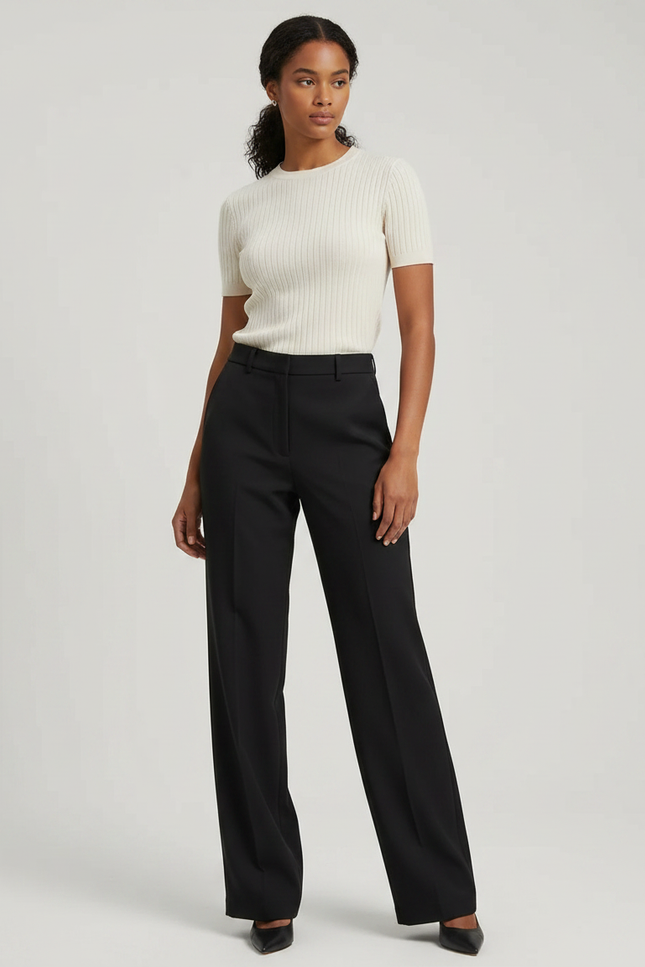 Pantalon Noir Élégant Droit Taille Haute Femme - Gabardine
