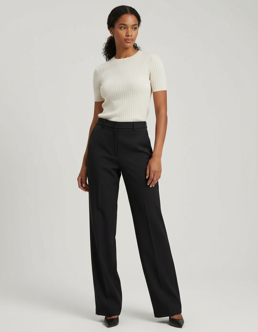 Pantalon Noir Élégant Droit Taille Haute Femme - Gabardine